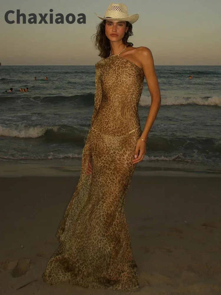 

Chaxiaoa One Shoulder Leopard Print Maxi Dress Women Inclined Shoulder Backless Beach Holiday Vacation Club Sexy Long Dress