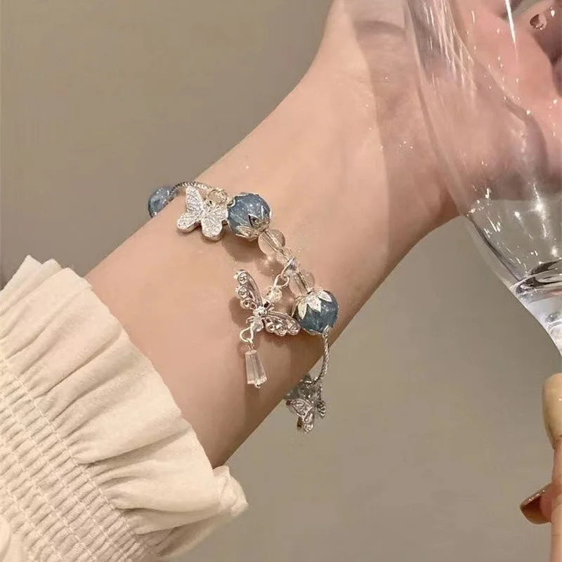 Luxuriöse Lila Glas-Kristall-Perlenarmbänder für Damen Schicke Schmetterling-Quasten-Anhänger Armbänder Trendiger Süßer Partyschmuck – Detail 12