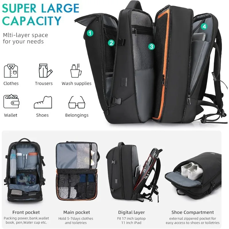 Mochila de viaje expandible para hombre, Maleta Convertible resistente al agua para ordenador portátil de 17 pulgadas, 50L