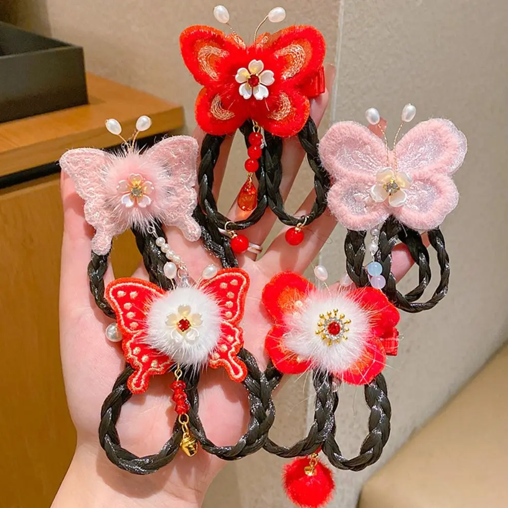 Red Children Butterfly Wig Hairpin Flower Braid Hair Hanfu Hair Sticks Tang Suit Hair Clip Baby Headwear