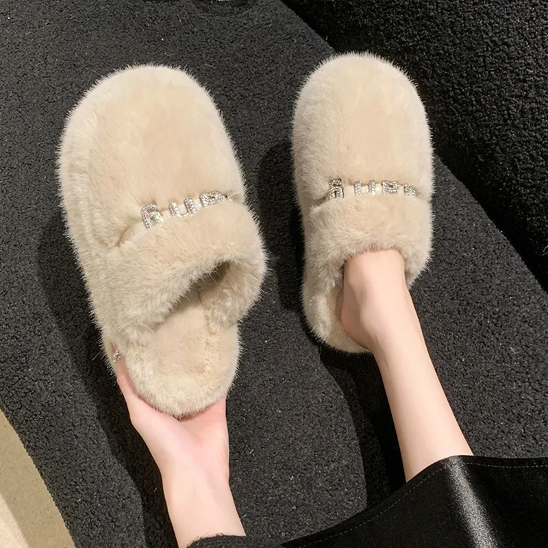 

Half cotton slippers for women wearing thick soled autumn and winter plush slippers