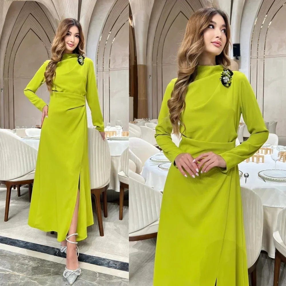 Prom Dress    Fashion High Collar A-line Anke Length Party es Beading Chiffon Customized Saudi Arabia