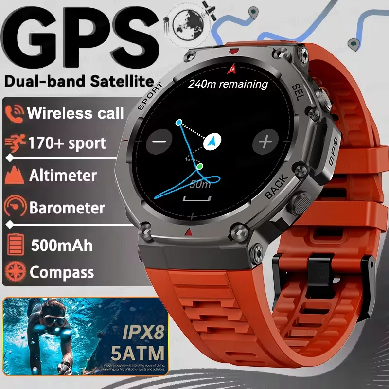 Men's Outdoor GPS Smart Watch Bluetooth Call Smart Watch AMOLED Positioning Fitness Tracking 170+Sports 500mAh 5ATM Waterproof