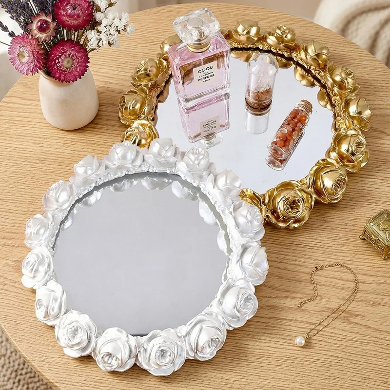 European Retro Resin Engraved Round Decorative Mirror Rose Relief Tray Desktop Home Atmosphere Decoration Ornaments Holiday Gift