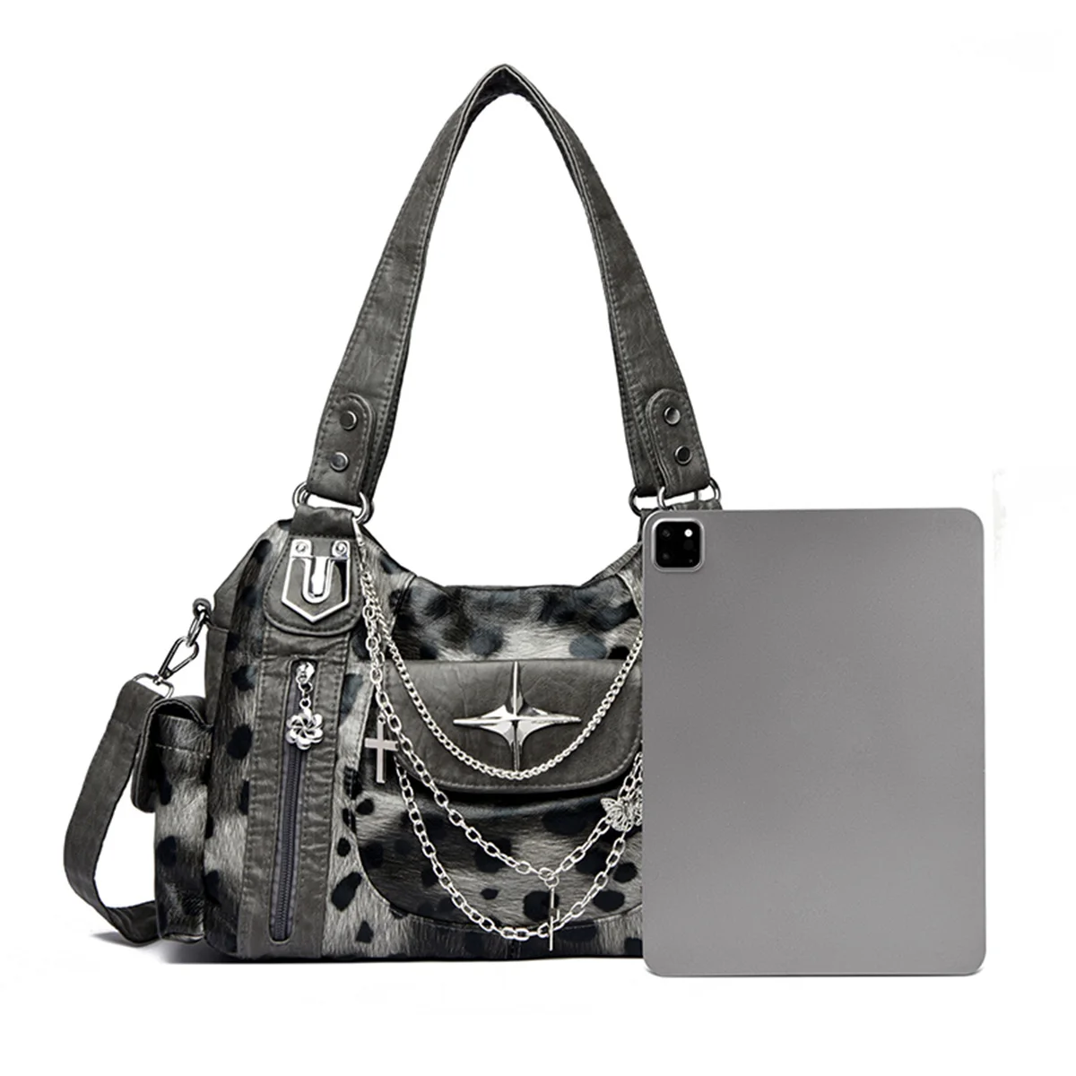 Retro-Punk-Umhängetasche für Damen, Metallkette, mehrere Taschen, großes Fassungsvermögen, PU, verstellbarer Riemen, Umhängetasche für den Pendelverkehr, Einkaufen – Detail 3