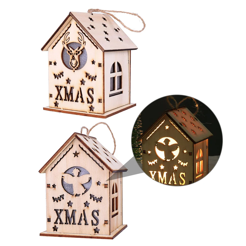 2 Pcs Gifts for Stocking Stuffers Glow Cabin Desk Ornaments Luminous Wooden Cabins DIY Props Glowing House Pendants Christmas