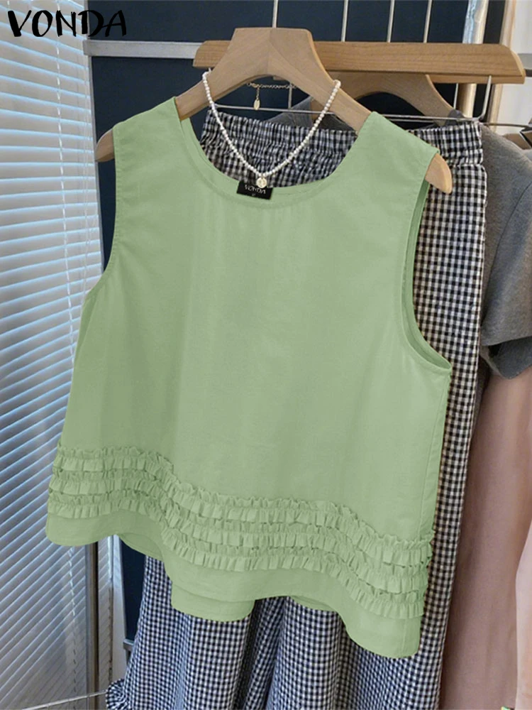 

VONDA Summer Tank Tops Sleeveless Women Tunic 2025 Fashion Casual Solid Color Ruffled Shirts Round Neck Loose Sweet Korean Blusa