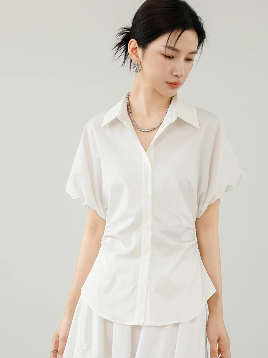 

Slim Fit Women's irt Bubble Sve Pleated Waist Design Summer New Sle White irt Korean Sle Commute Faion Polyester...