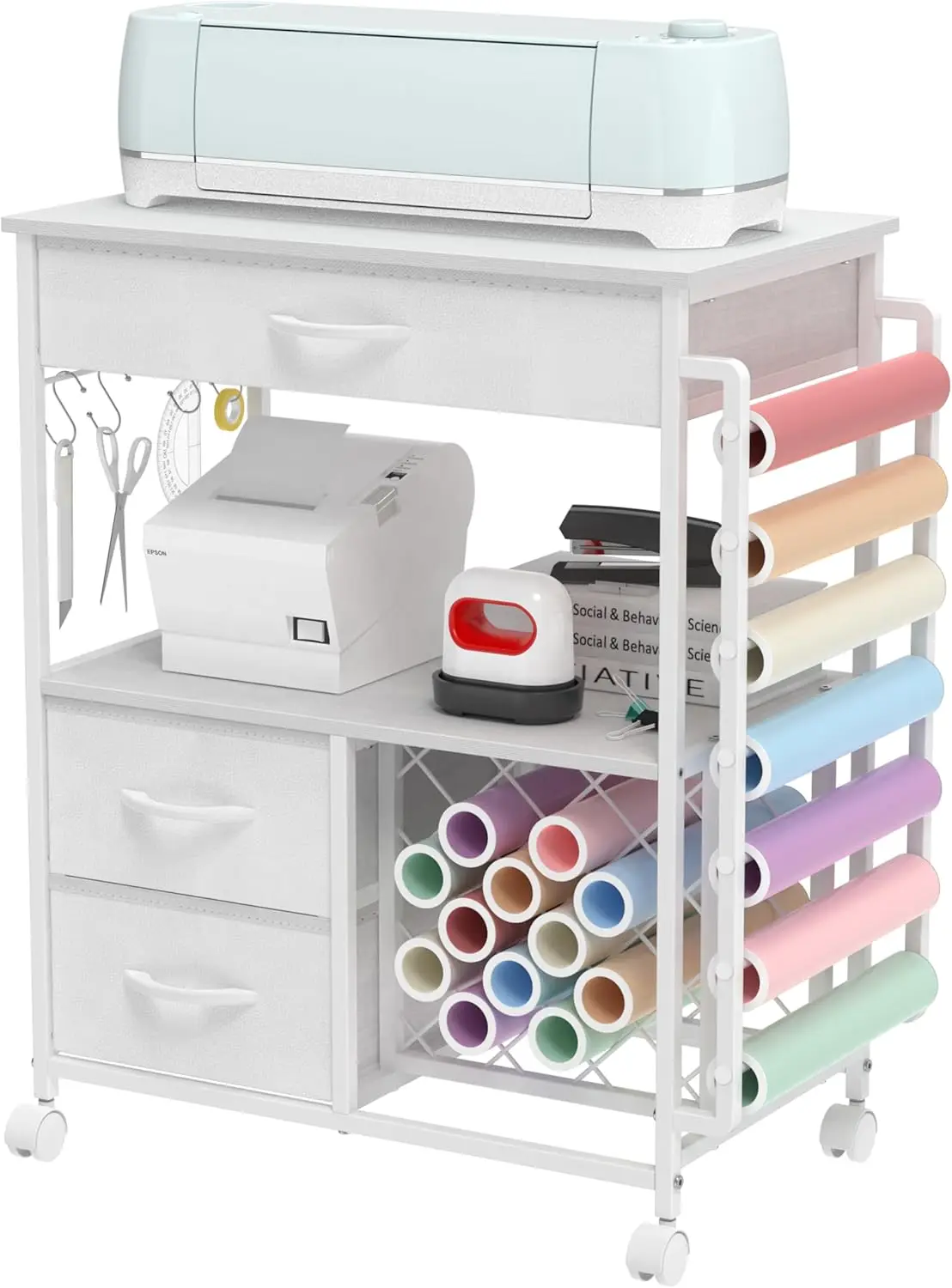 Storage cart Compatible with Cricut Machines Stand Cutting Machine Stand with Drawers and  Roll Holder  Craft Cabinet Table