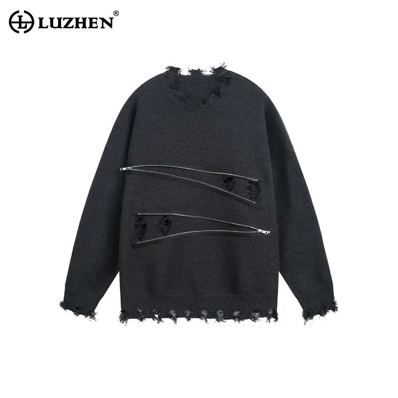 

LUZHEN Personalized Wornout Zipper Decorate Splicing Knitted Pullover Men 2025 New High Quality Solid Color Male Sweater JY4149