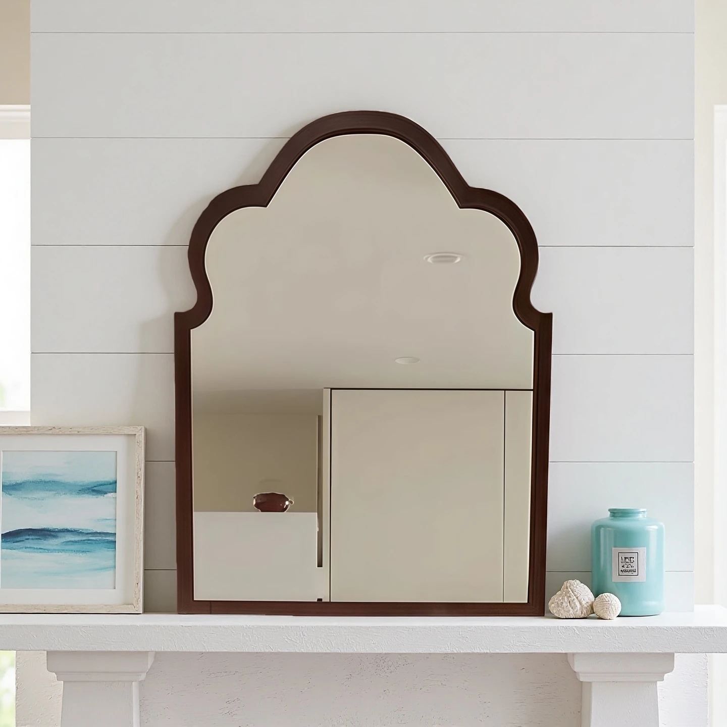 Wall Mounted Makeup Mirror 50cm X 35cm Irregular Design with Wooden Frame Window Decorative Bathroom Vanity Mirror view 4