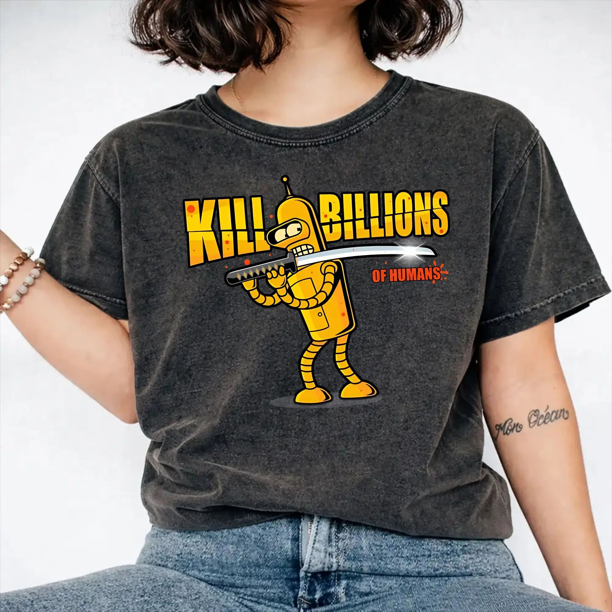 Kill Bill-ions Futuramas Benders Meets Kill Bill  Washed T Shirt Streetwear Hip Hop Vintage T-Shirt  Tees Tops Men Women