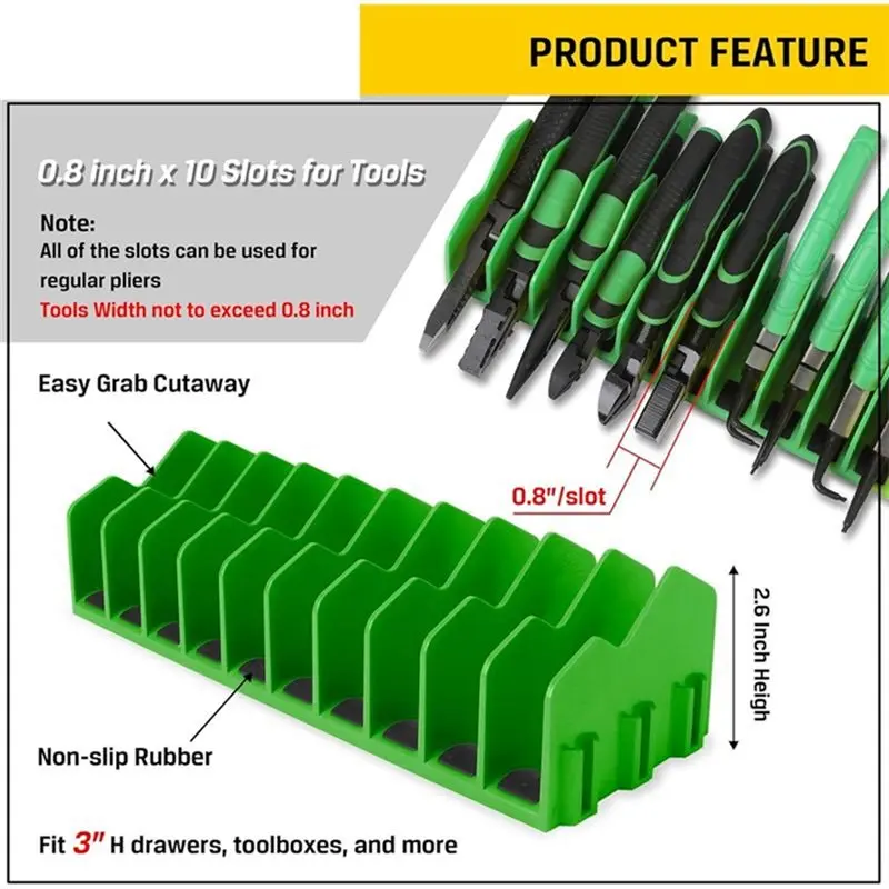 AB42-Pliers Organizer, 4-Pack 40-Slot Expandable Tool Rack, Green Non-Slip Rubber Base, Stores Pliers, Cutters, Wrenches
