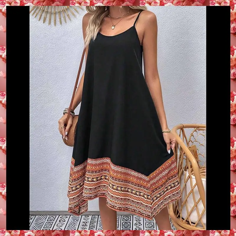 Długa sukienka damska w stylu boho Color Block Hawaii Flowy Spaghetti Strap Dresses