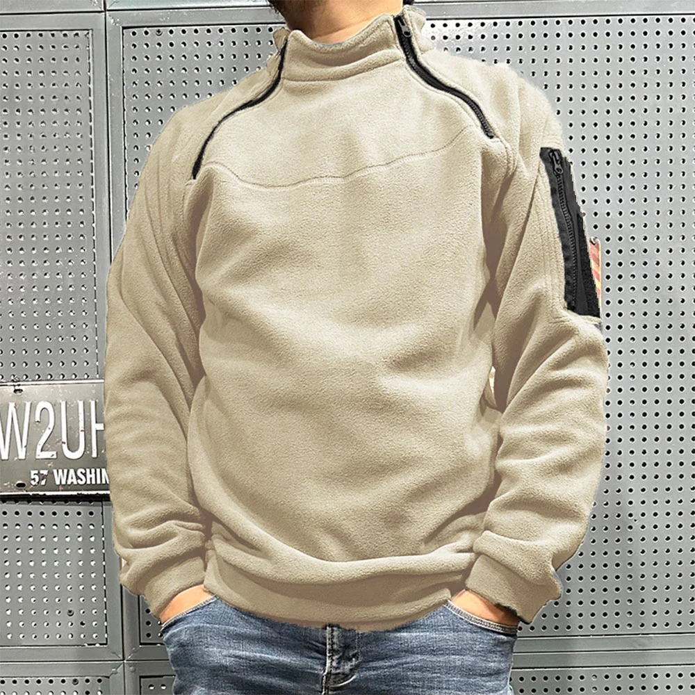 Men\'s Polar Fleece Outdoor Warm Breathable Tactical Zipper Standing Neck Long Sleeves Casual Solid Color Sweatshirt