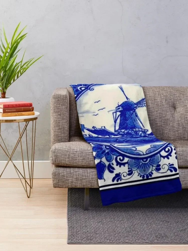 DUTCH BLUE DELFT : Vintage Windmill on River Print Throw Blanket Multi-Purpose Blankets For Bed Blankets