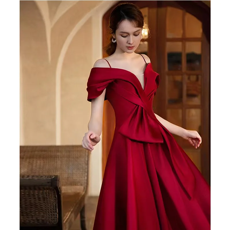 Vinho vermelho cetim espaguete correias vestidos de noite para mulher fora do ombro ruched v-neck cintura magro sem costas vestidos de casamento