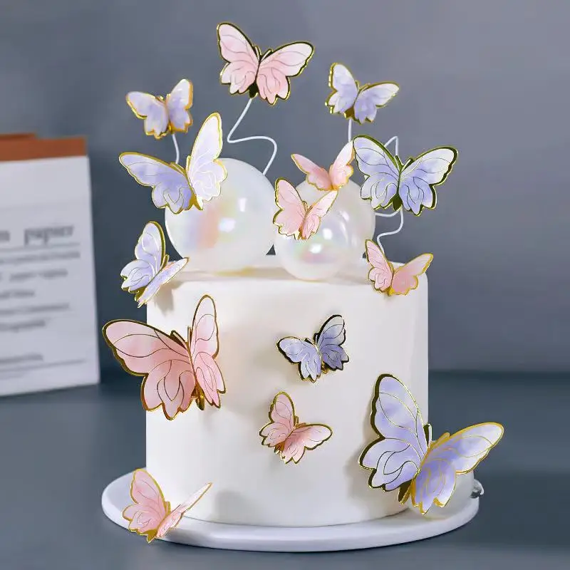 Pink Butterfly Cake Toppers Happy Birthday Cake Decoration For Wedding Birthday Party Decor Baby Shower Dessert Baking Supplies