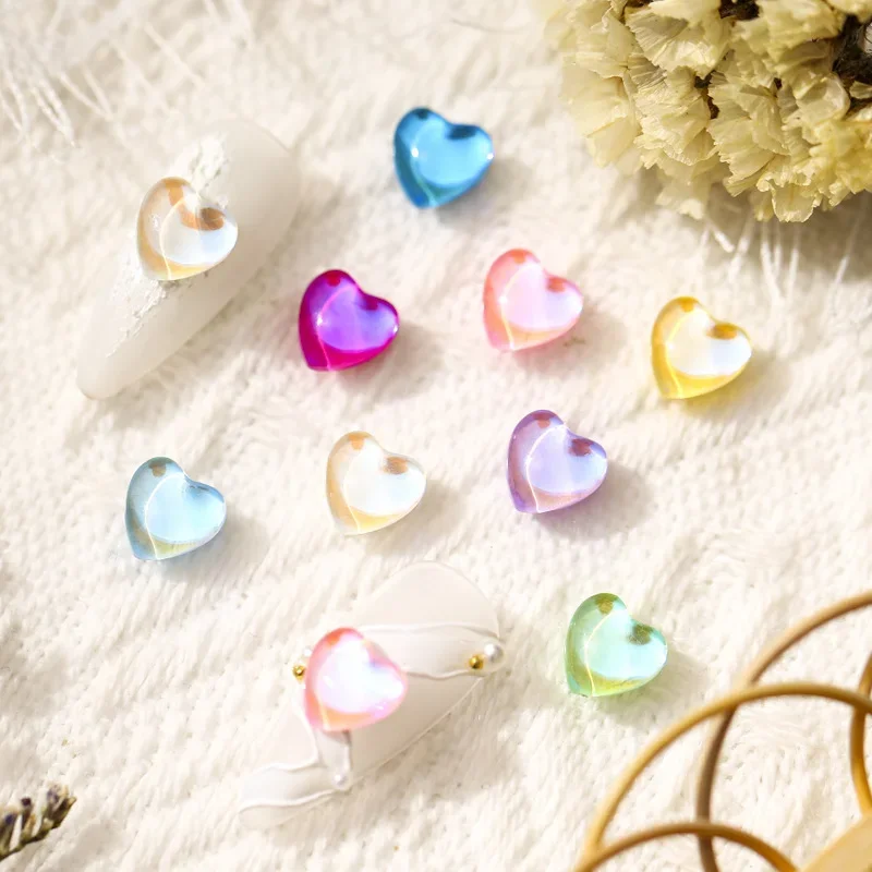 

50Pcs Aurora Heart Resin Nail Art Charm 3D K9 Glass Ice Transparent Crystal Gem Heart Shape Meteorite Nail Jewelry Accessories