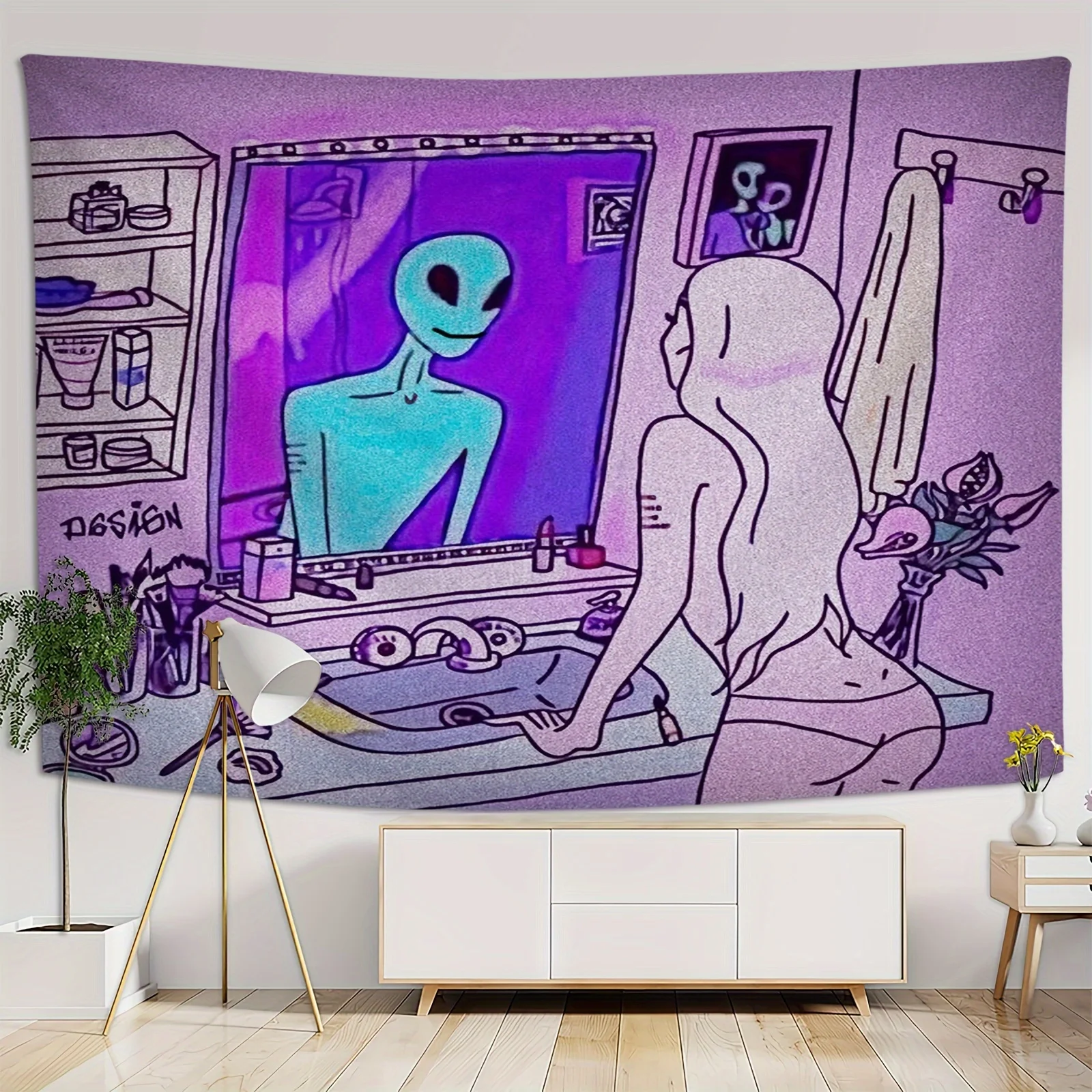 Trippy Alien Cartoon Tapestry Purple Psychedelic Wall Hanging Cloth Bohemian Dorm Bedroom Wall Decoration Poster