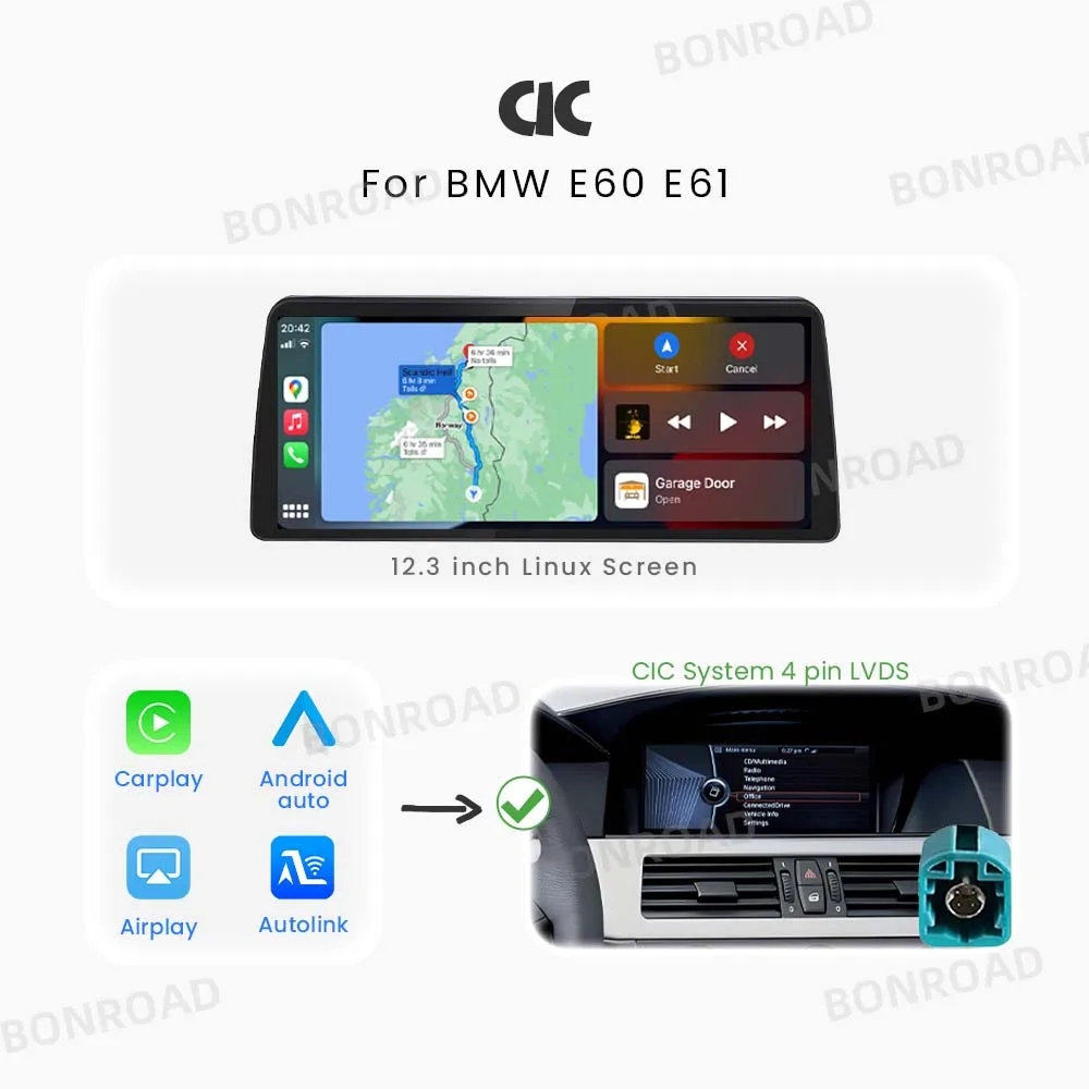 BONROAD 12.3 Inch Draadloze CarPlay Android Auto Autoradio Touchscreen voor BMW 5 Serie E60 E61 E62 CCC CIC Navigatie Stereo