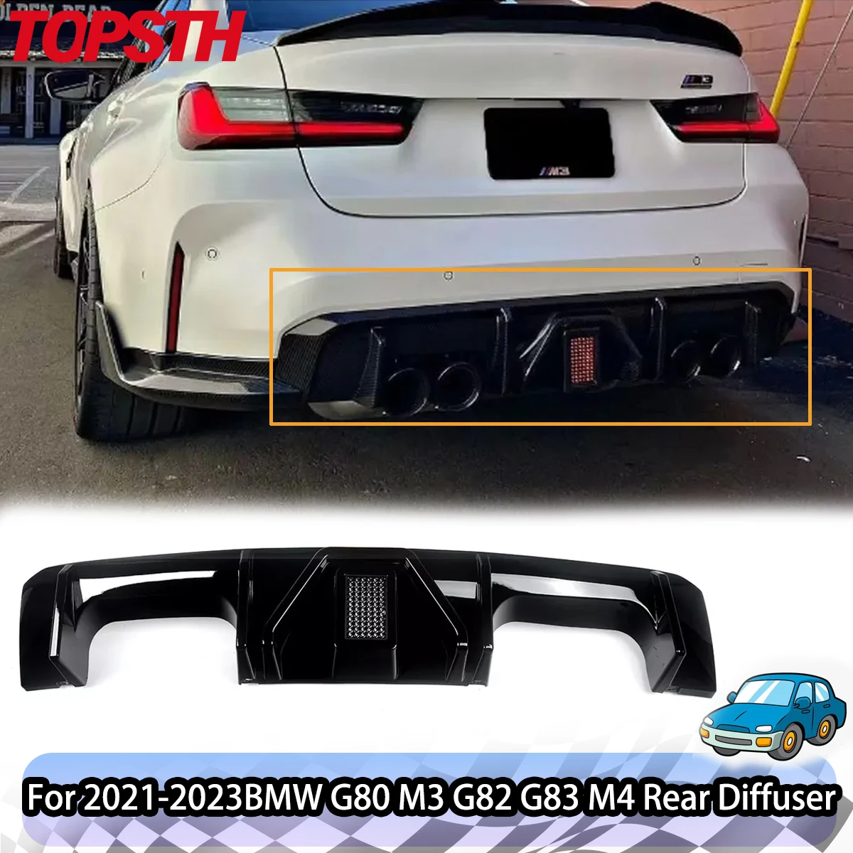 For 2021-2023 BMW G80 M3 G82 G83 M4 ABS material Glossly Black Rear Shock Absorber Diffuser with LED Light car accessories