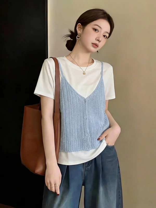 Light Blue Knitted Vest Top Women's Summer New plus Size White Short Sleeve T-Shirt Two-Piece Set Korean Style Loose Fit