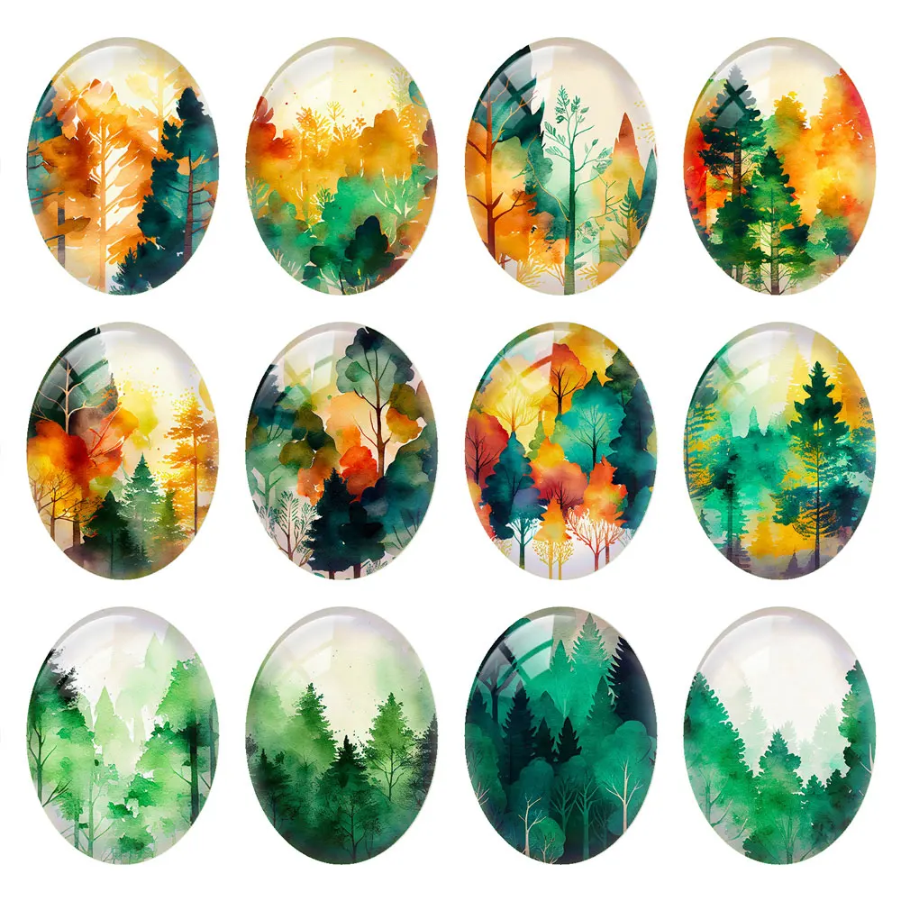 10pcs/lots Forest Tree Fall Oval Photo Glass Cabochon Flatback Charms Demo Flat Back Cameo For Diy Jewelry Making Accessories