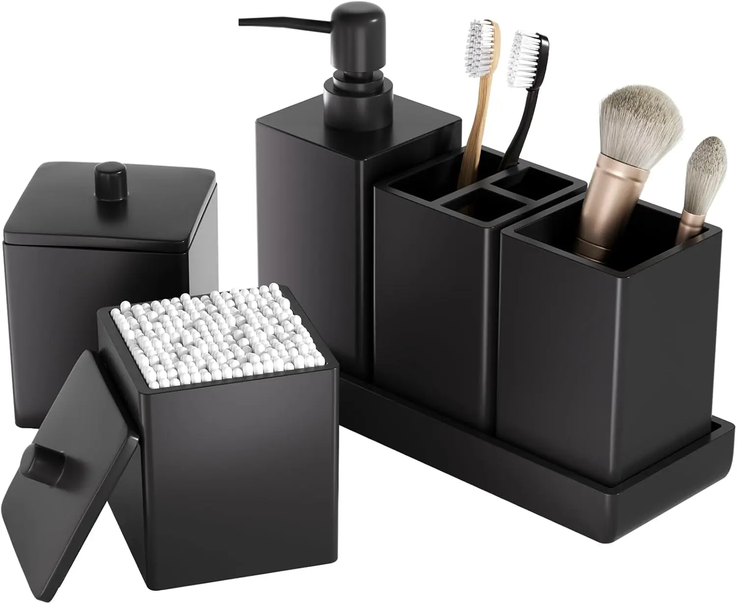 

6PCS Black Square Bathroom Set with Soap Dispenser, Toothbrush Holders, Tray & More for Small Spaces