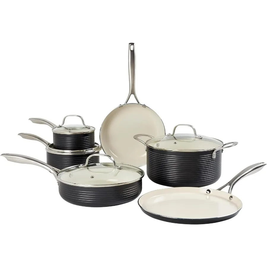 

10 Piece Monaco Nonstick Aluminum Cookware Set Pots Pans Black