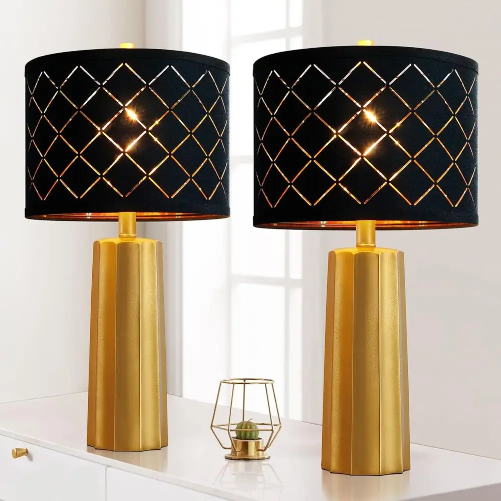 

Set of 2 Gold Table Lamps with Black Grid Shade for Living Room, Bedroom, and Desk, Contemporary Style, 2 Bulbs Included