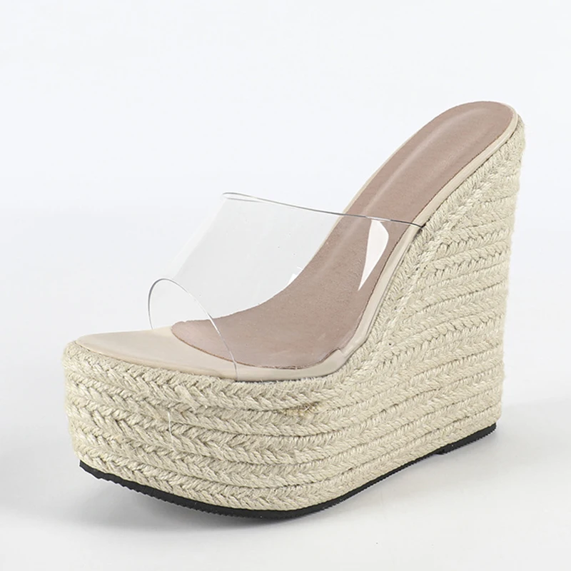 Liyke PVC Transparent Shoes Women Wedges Slippers Handmade Straw Rope Weave Platform Sandals Fashion Open Toe 15CM High Heels