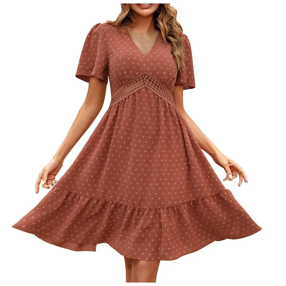 

Womens Bohemian Ruffle Sleeve Dress Dot Layered Solid Color V Necked A Line Dress Holiday Beach Summer Elegant Women'S Dresses