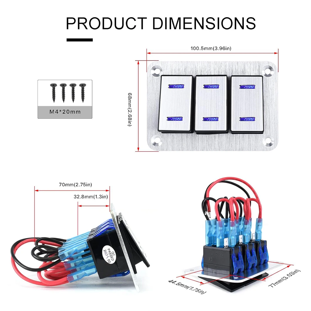 3 Gang Metal Waterproof Rocker Switch DC12-24V Dual LED Light ON-OFF Switch Panel For Car RV Truck Auto Modification Panel