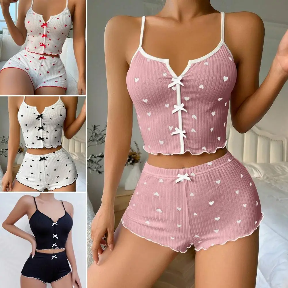 2Pcs/Set Lady Homewear Top Shorts Suit Heart Print Bow Decor Backless Vest Pants Camis Shorts Outfit Lady Summer Sleeepwear