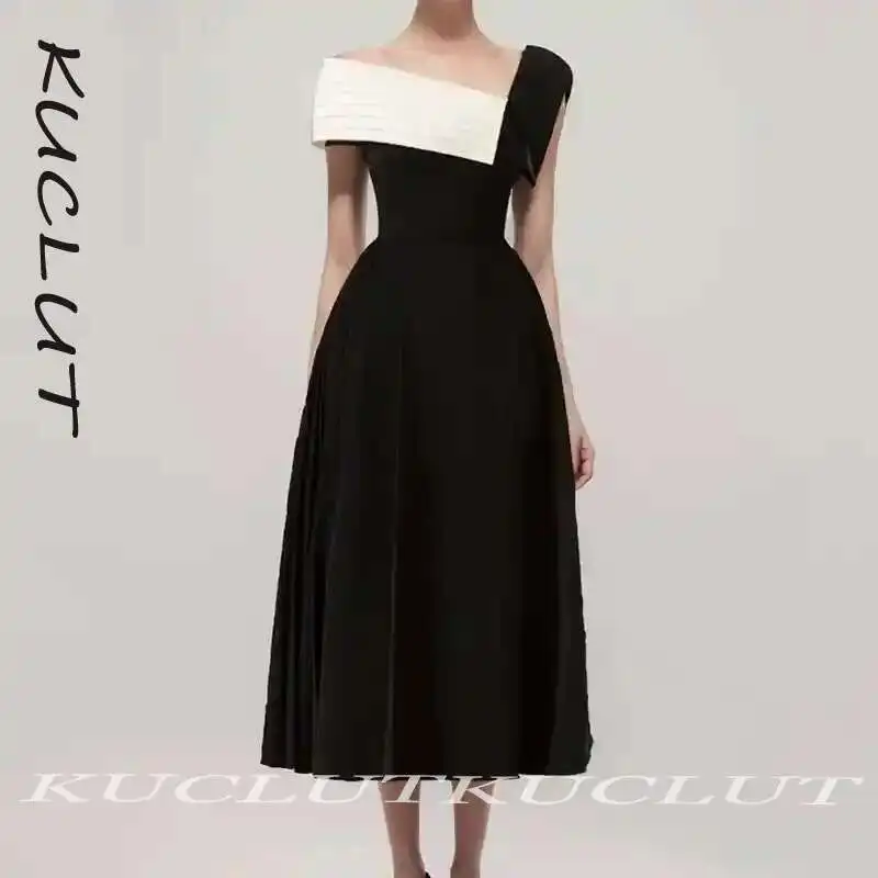 

KUCLUT 2025 New Fashion Temperament Slanted Collar Single Shoulder Dress For Women Elegant Contrast Color Dresses Female K400