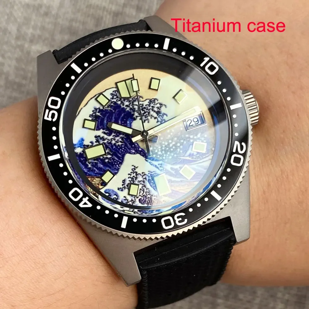 Tandorio New 41mm 62MAS Diver Titanium Kanagawa Surfing Dial NH35A Automatic Sapphire 30ATM Green Luminous Men Mechanical Watch