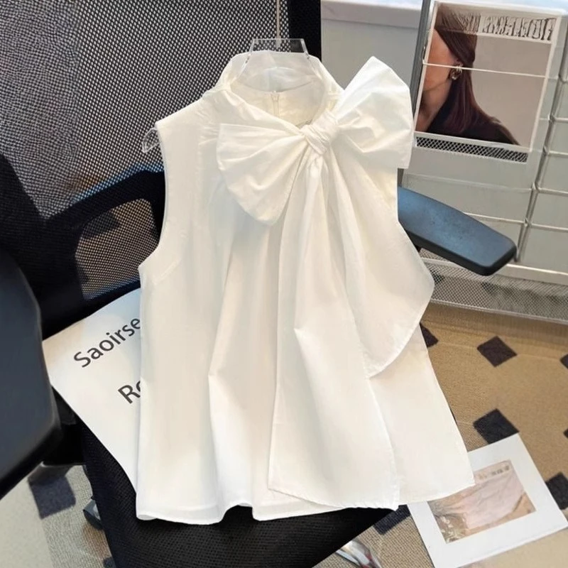 French Rich Daughter White Bow Sleeveless Shirt Women's High-end Design Loose Belly Vest Top Summer Comfortable and Casual Tanks