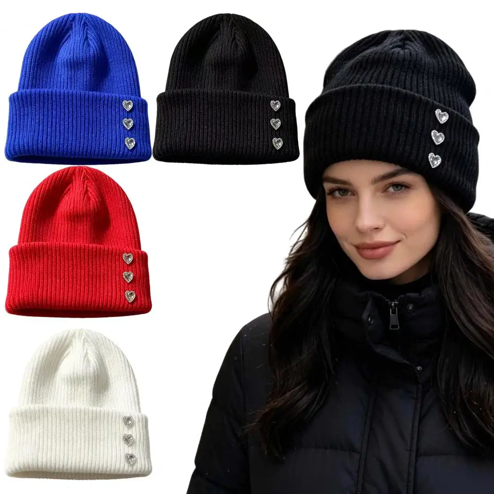 Winter Knitted Hat for Women Heart Rhinestone Knitted Hat Women Glitter Winter Warm Stretchy Knit Cap Unisex Luxury for Street