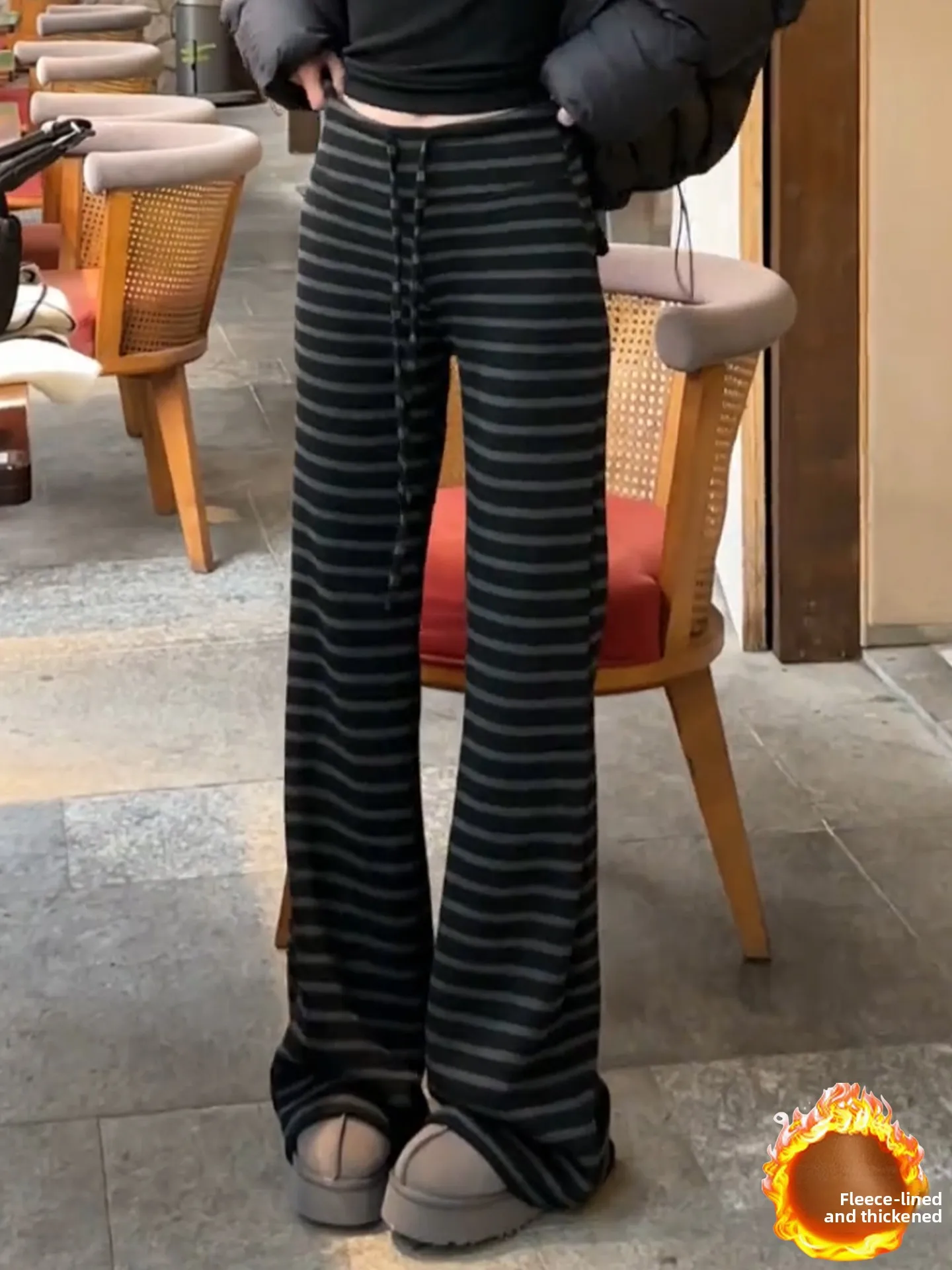 

Trendy High Waist Flared Fleece Lined Wide Leg Casual Pants Women's Striped Autumn Winter Slimming Drapey Versatile Trousers