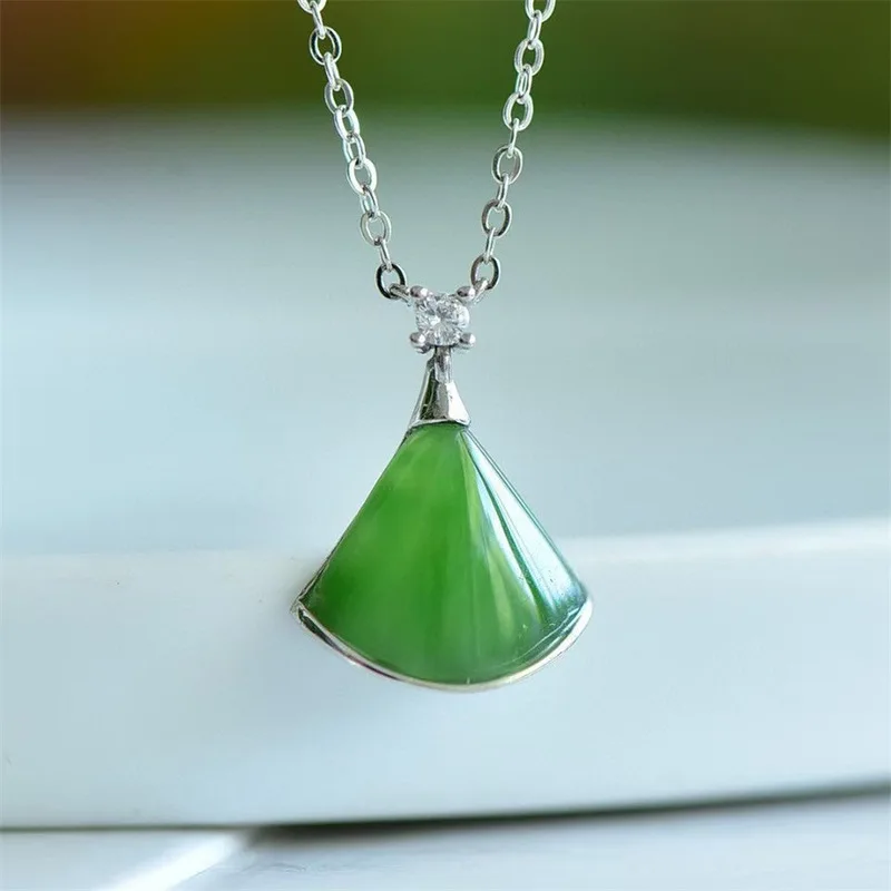 skirt clavicle chain pendant, S925 silver with fan-shaped Hetian jade inlay, passed inspection - view 2