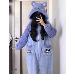 Kuromi Jumpsuit Pajamas Woman Sanrioed Anime Cartoon Creativity Winter Coral Fleece Comfortable Warm Hooded Loungewear Nightgow