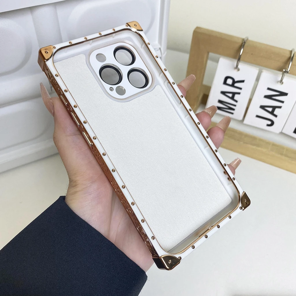 Solid Color Aurora Rectangle Metal Lace Pattern Edges With Camera Glass Film Cover Case For iPhone 15 14 13 12 Pro Max