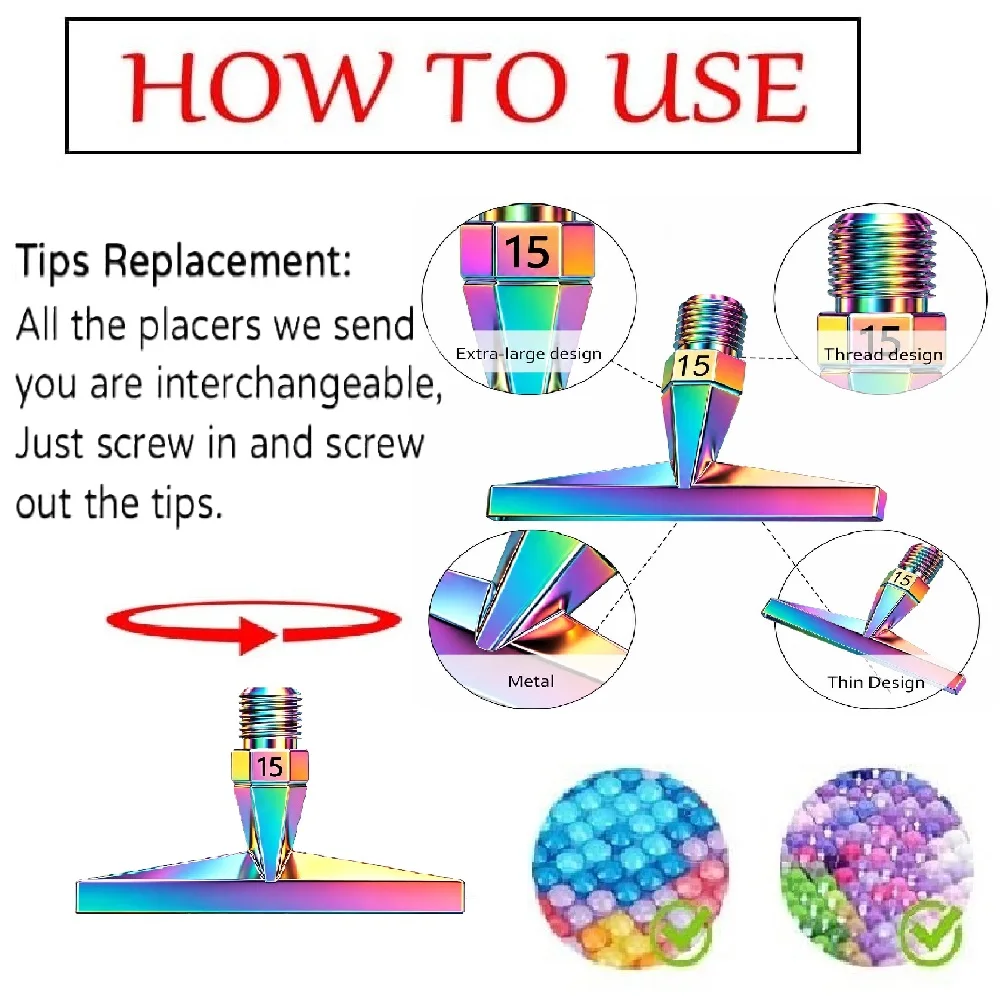 3D Diamond Pattern Dotting Pen Tool Accessory Set, Includes 1 Stainless Steel Bent Tip Fine Tube, 1 Stainless Steel Straight Tip Fine Tube, 10/15 Dotting Tips, Suitable for Adult DIY Diamond Painting Accessories view 6