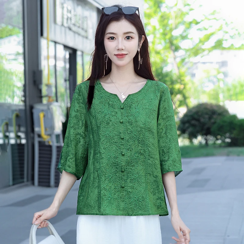

Women's Embroidered Three-quarter Sleeve Pure Cotton Shirt for Summer Women's Fashionable Cotton Jacquard Belly Top