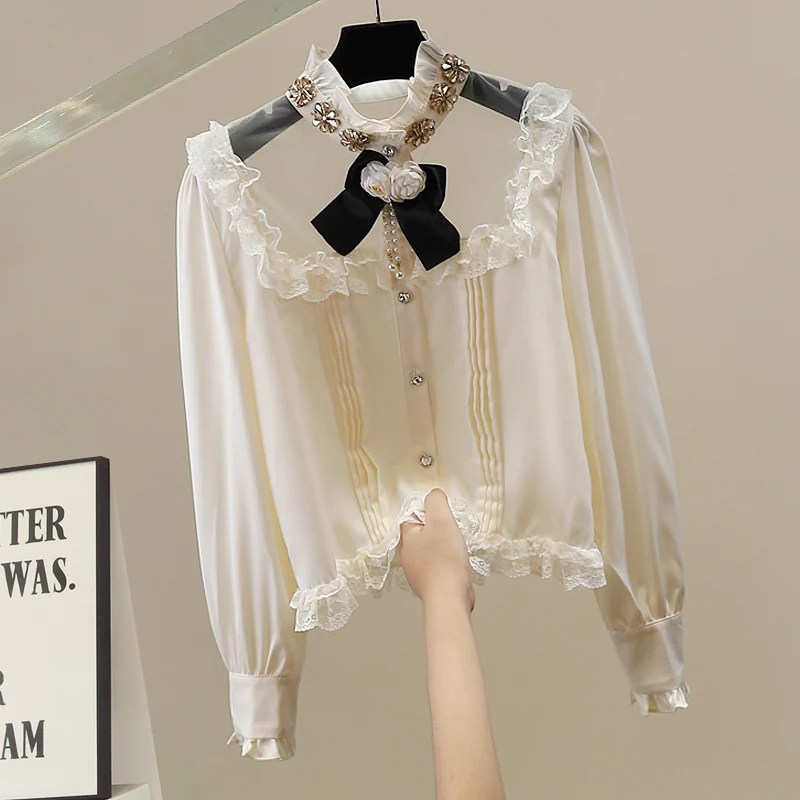 

Korean Sle Heavy Work Lace Splicing Knitted Sweater Long Sve Faionable And Versatile Diamond Embedded Ele Top