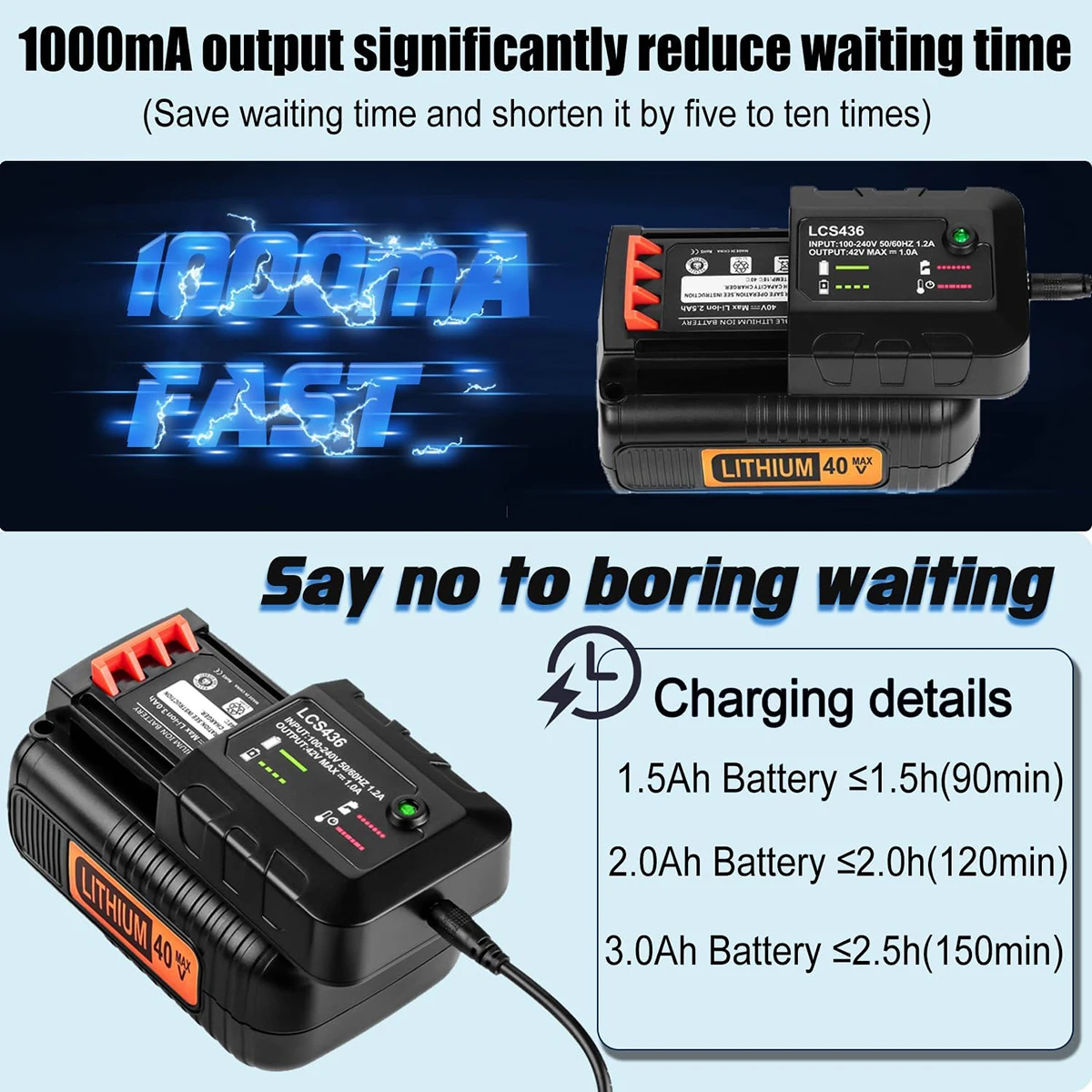 40V Battery Charger LCS436 Replacement for Black and Decker Lithium Battery LBXR36 LBX36 LBXR2036 LBX1540 LBX2040 LBX2540