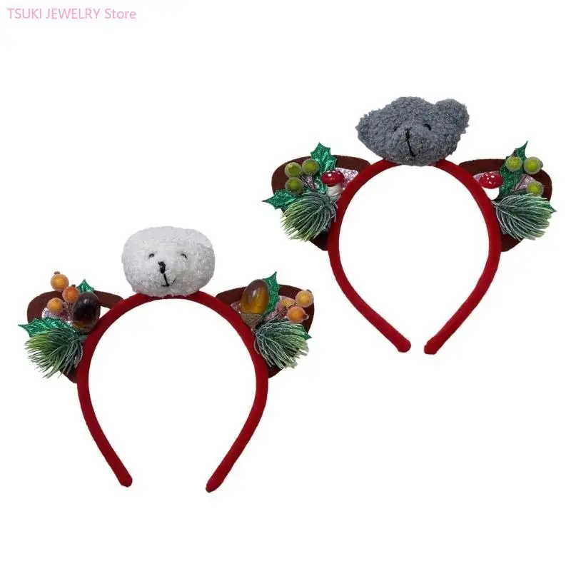 

62KE Рождественский обруч с помпонами из сосновых игл, ободок для волос, повязка на голову с рождественским медведем