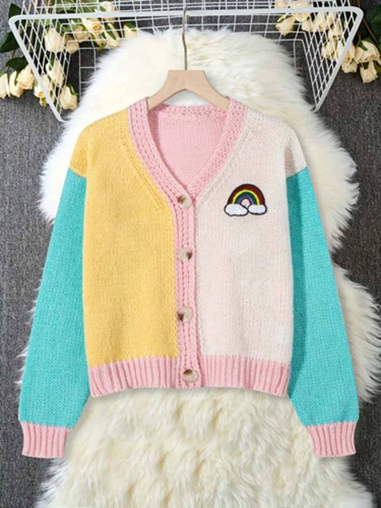 

Women's sweet contrasting rainbow pattern sequin embroidery craft design V-neck cardigan, loose, casual, elegant, fashionable