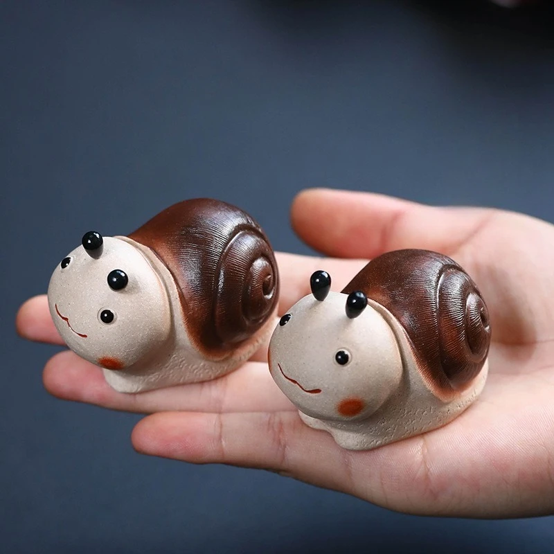 1 PC Purple Clay White Snail Tea Pet Ornament Handmade Cute Animal Figurine Creative Home Decoration Craft Unique Birthday Gift